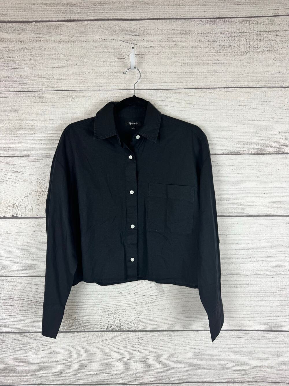 Madewell Women's Black Washed Button Up Crop Long Sleeve Top Size Small
